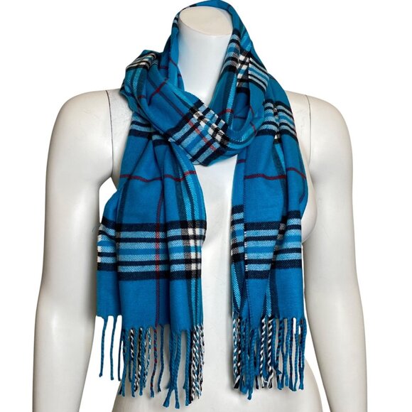 100% Cashmere Scarf Blue Black Plaid Fringe Rectangular  Made In England - Picture 1 of 5